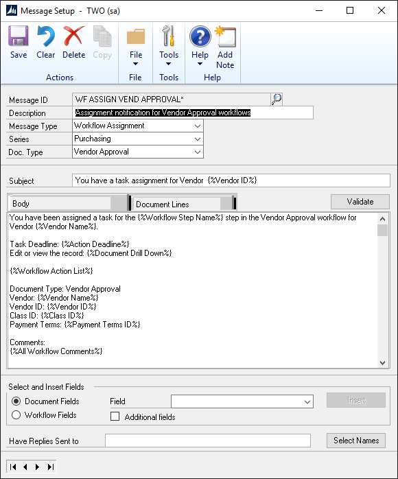 Microsoft Dynamics GP > Tools > Setup > Company > Workflow > Email Message Setup