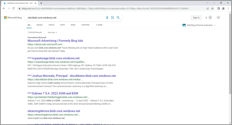 Bing Search Results for Azure Storage Account Sites